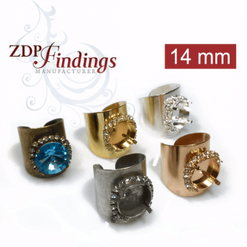 Round 14mm Bezel Wide Rhinestone Ring Setting, Fit European Crystals Rivoli 1122