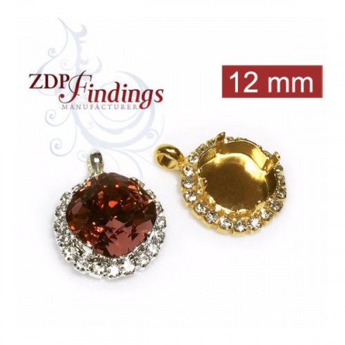 12mm Square Bezel Pendant Setting with Crystal Rhinestones fit European Crystals 4470