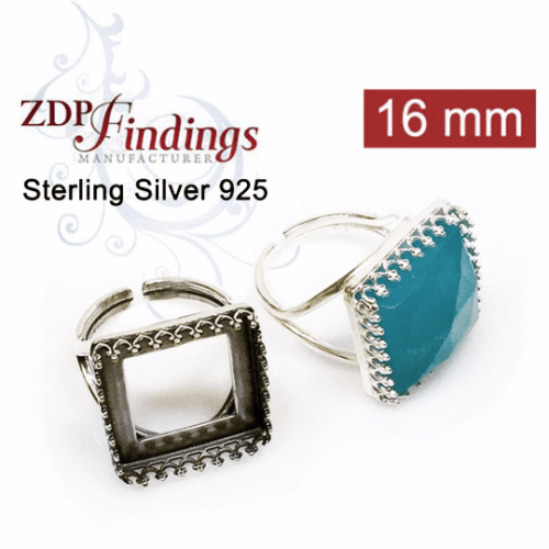 16x16mm Square Ring Base Sterling silver 925, Choose your finish.