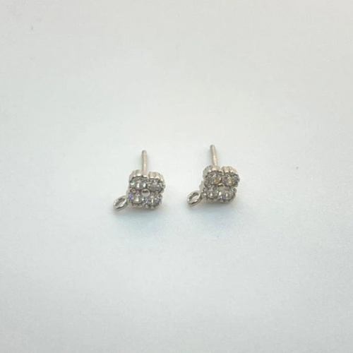 2 pair x Square Shaped Sterling Silver 925 Quality Post (stud) with Cubic Zirconias with Loop and ear backs