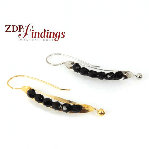 55mm Leverback Leaf Earrings With Black Crystal Beads