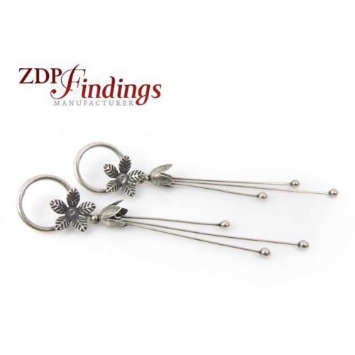 90mm Antique Silver Post Earrings With Flower For Setting
