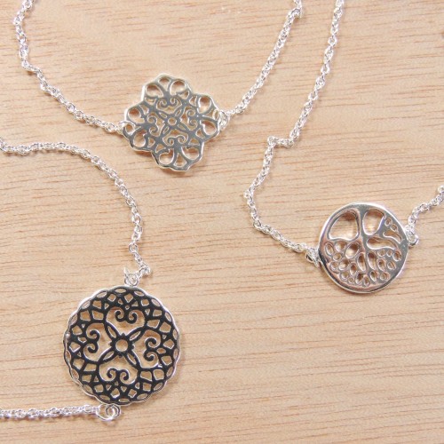 Silver Plated Link Chain Delicate Mandala Necklace, Length 16"