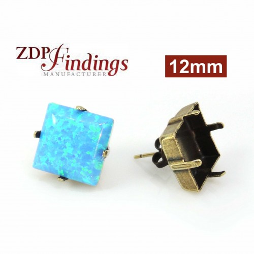Square 12mm Post Earrings Antique Brass Fit European Crystals 4447