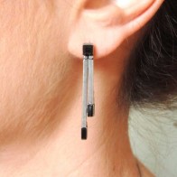 40mm Antique Silver Double Bar Black Crystal Post Earrings