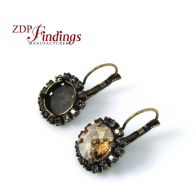 12mm Bezel Earrings For Setting Antique Brass Plated w/ Black Diamond Rhinestones