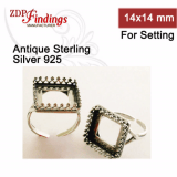14x14mm Square Ring Base Sterling Silver 925, Choose your finish.
