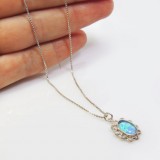 Sterling silver 925  Floral Pendant Chain Necklace with Blue Opal Gemstone,