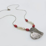Sterling silver 925 Handmade Chain  Pearls, Red Coral Beads and 20mm  Heart 